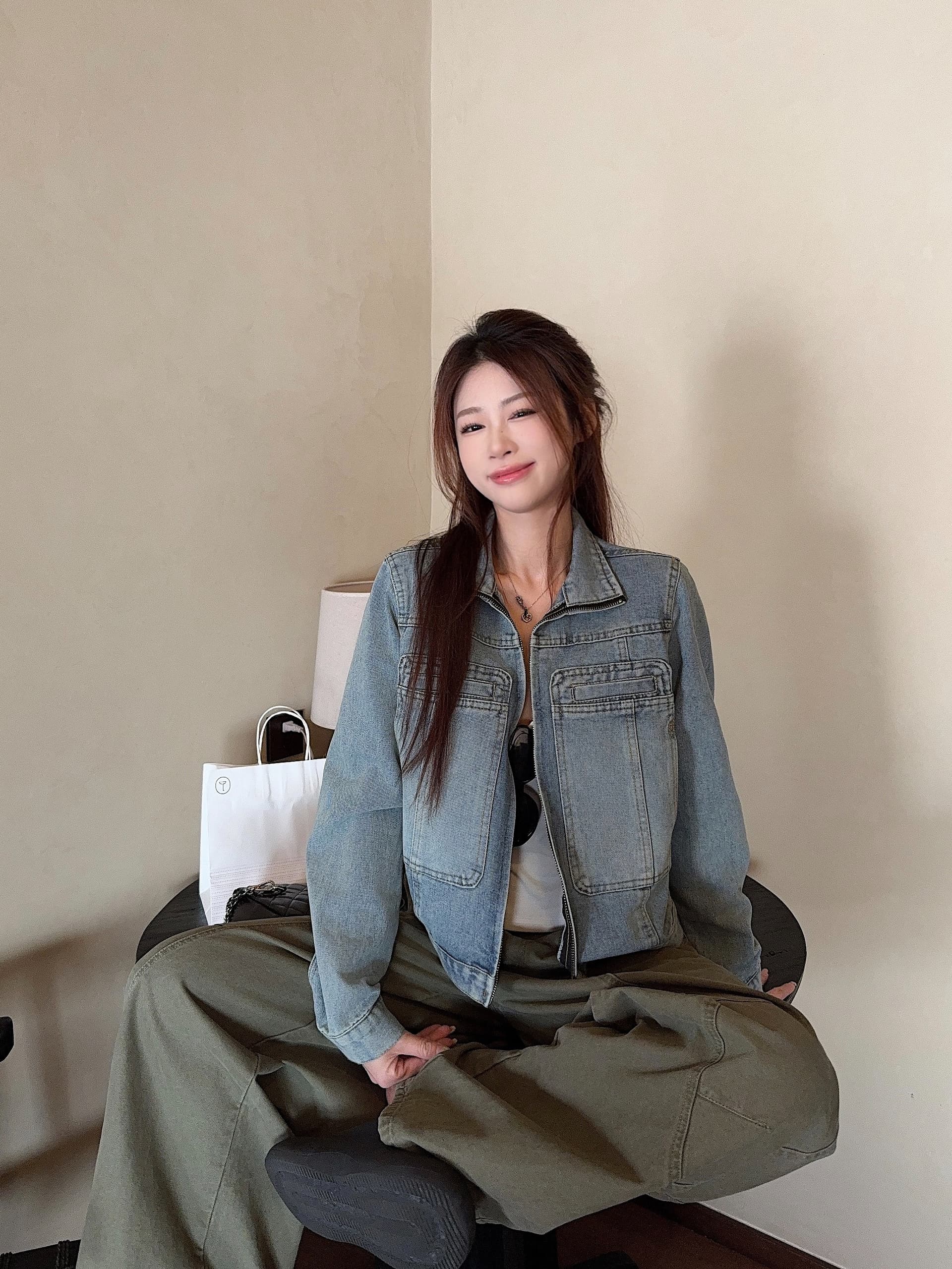 실사 정가 달콤한 차가운 마 오래된 데님 여성 코트 봄 가을 레트로 작은 키 하늘색 오픈 가디건 맨위 상세 이미지 7