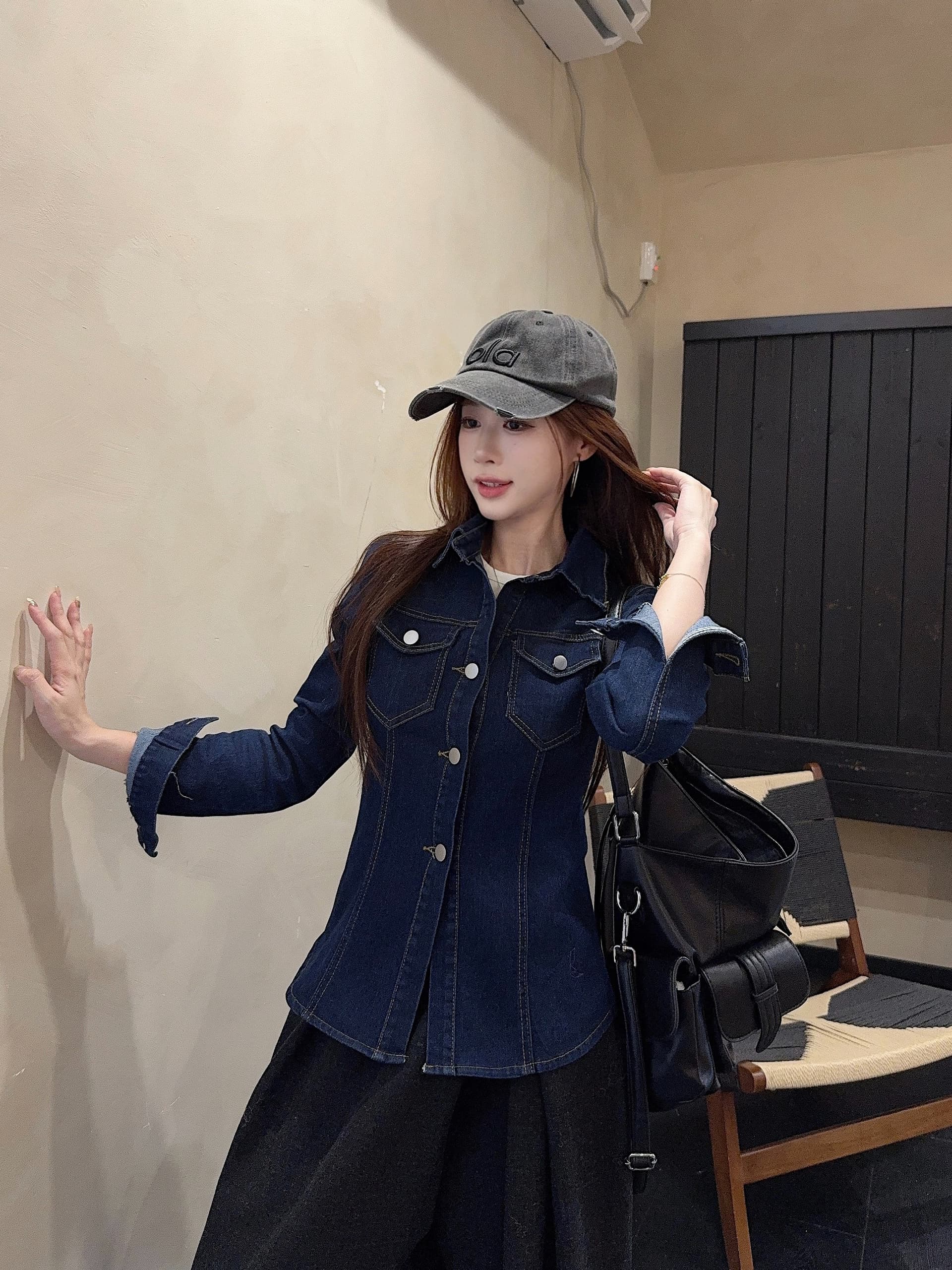 실사 정가 레트로 홍콩 느낌 몸매 가꾸기 데님 셔츠 가을 겨울 새로운 디자인 센스 몸매 가꾸기 슬림해 보이는 긴팔 맨위 상세 이미지 14