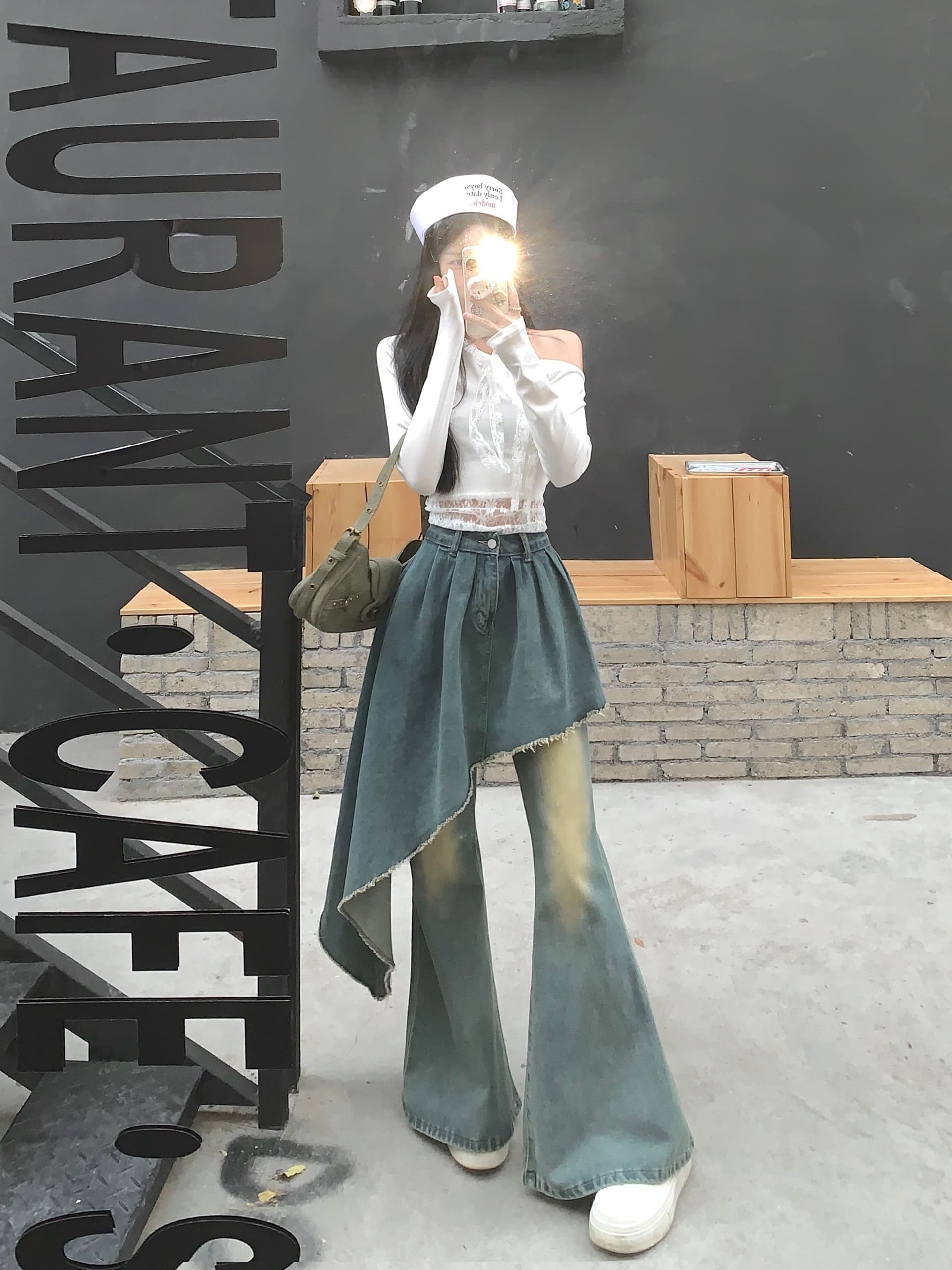 실사 정가 아메리칸 레트로 불규칙 치마 스타일 같이 갔다. 꼬리 높음 거리 핫걸 페이크 레이어드 몸매 가꾸기 스트레이트 나팔 바지 상세 이미지 11