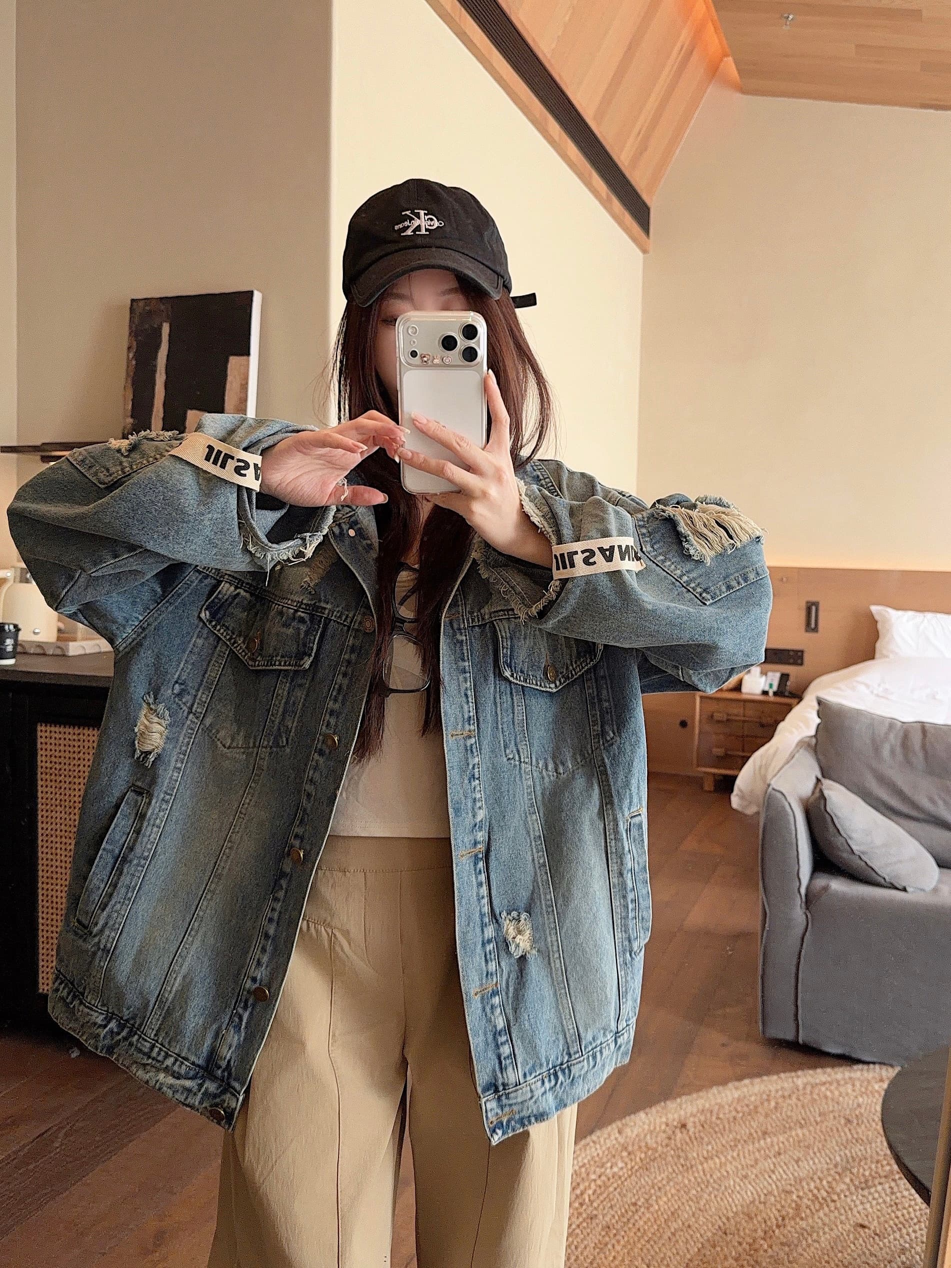 실사 정가 항구 바람 레트로 찢어진 부분 워싱 긴팔 데님 여성 코트 루즈핏 캐주얼 다용도 재킷 맨위 이미지 2