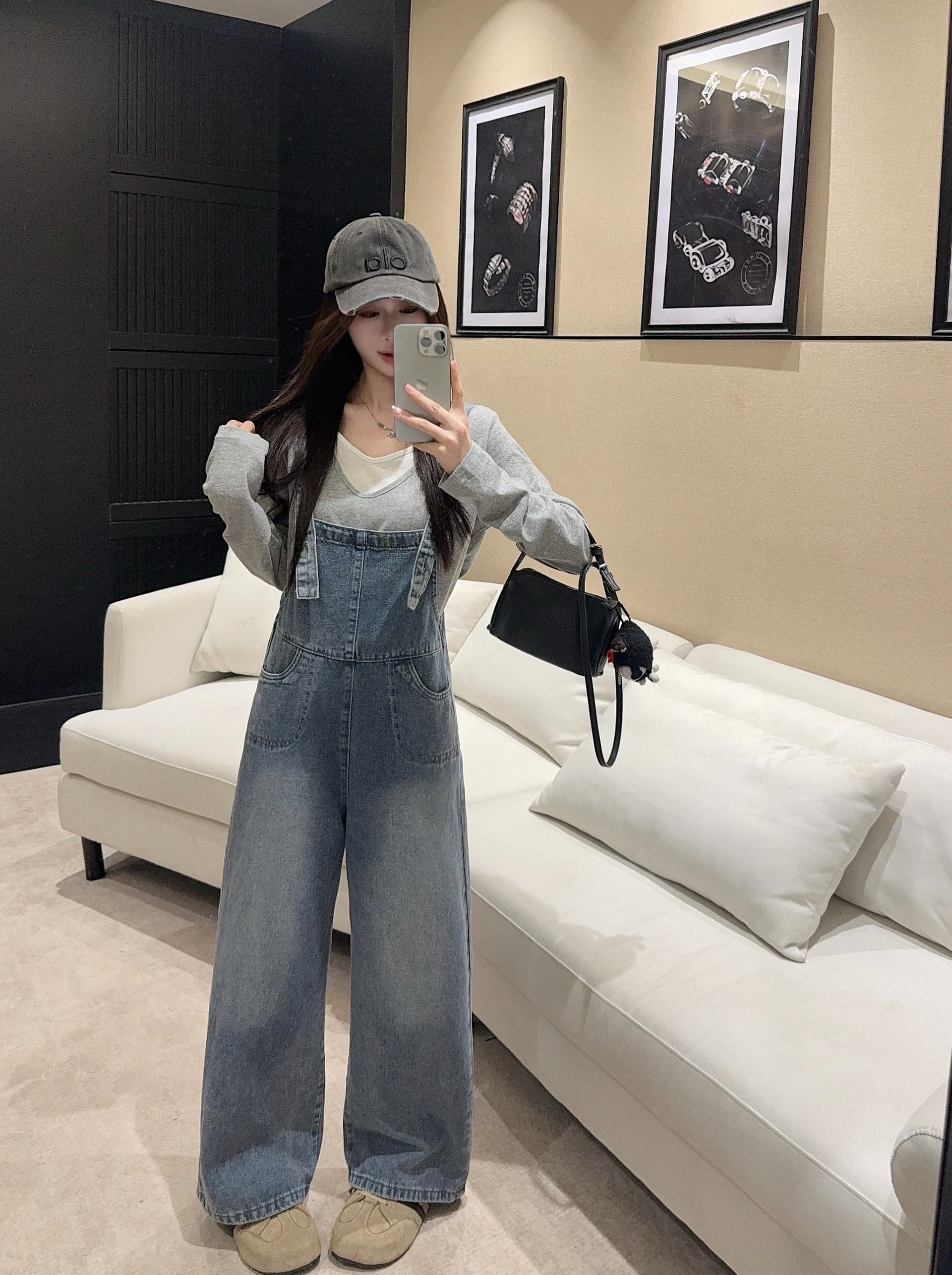 실사 정가 연령 감소 스트레이트 데님 멜빵 바지 여성 트렌디 ins 도루 센스 느슨함 하이웨이스트 루즈핏 넓은 다리 청바지 상세 이미지 10