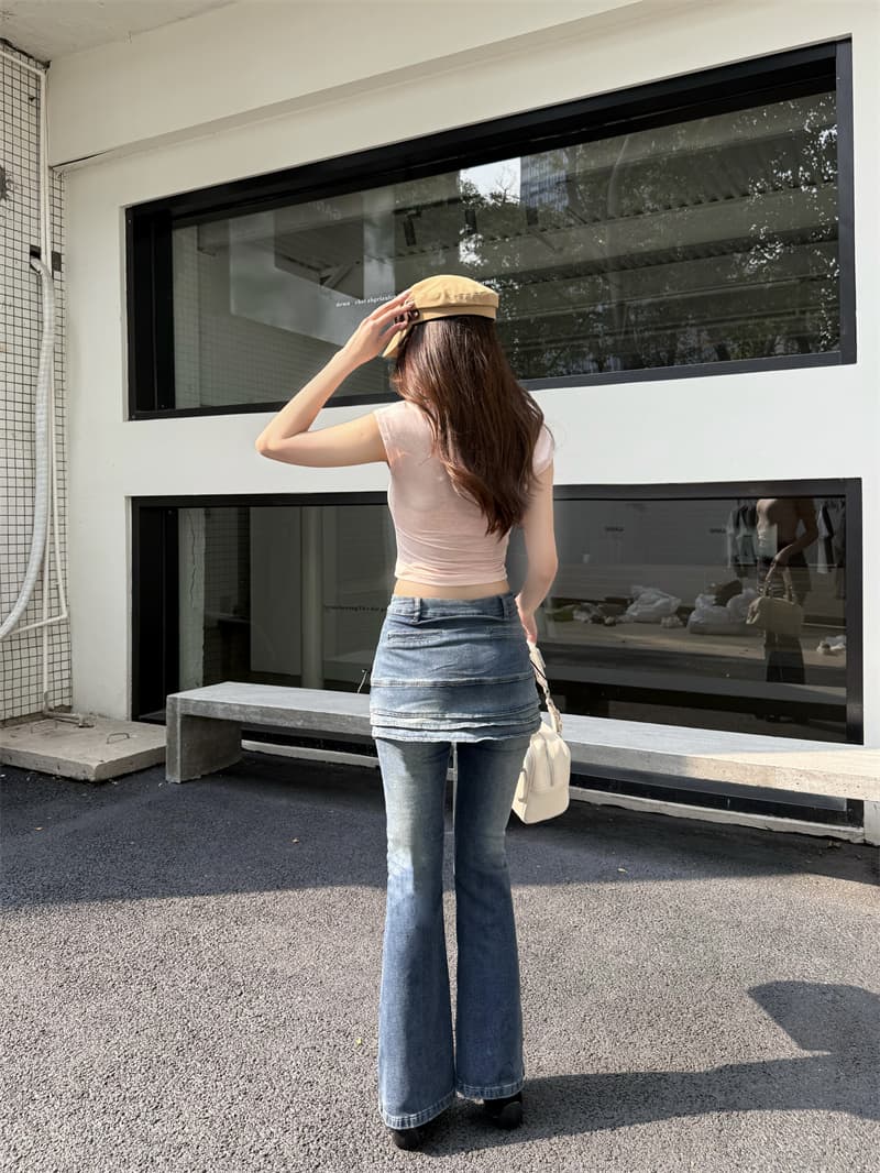 실사 정가 새로운 핫걸 디자인 센스 아메리칸 페이크 레이어드 치마 계층의 감각 마이크로 나팔 청바지 몸매 가꾸기 상세 이미지 16