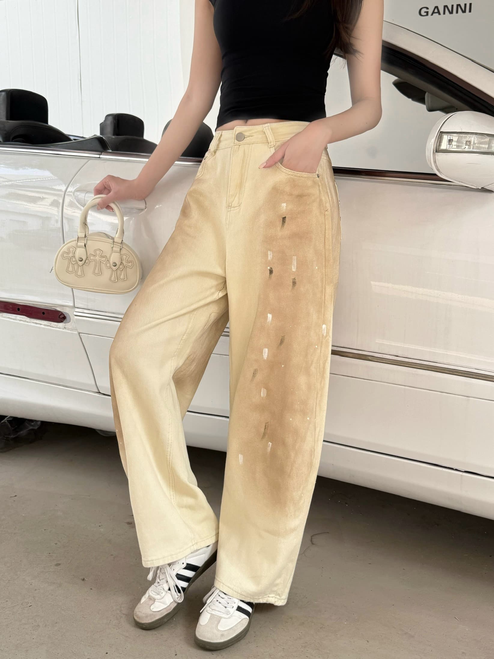 실사 정가 여름 아메리칸 살구 색상 넓은 다리 청바지 여성 징 주머니 먹물 마 오래된 더러운 더러운 바지 이미지 2