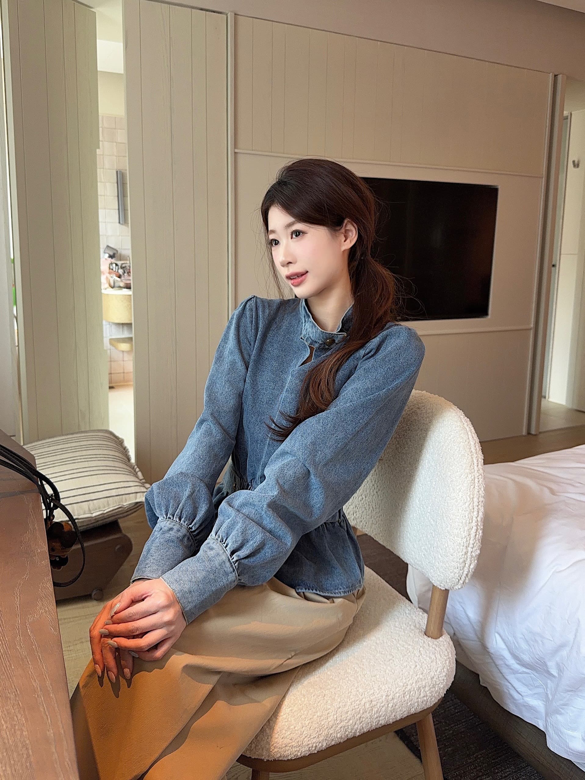 실사 정가 아메리칸 차가운 바람의 소리 바람 디자인 센스 데님 긴팔 여성 가을 허리 수축 허리 출퇴근 품격 맨위 상세 이미지 5