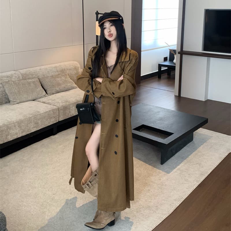 실사 정가 데님 재킷 재킷 자이언트 잘 생긴 프로필 모양 키 큰 남자 이중 버튼 롱 코트 품격 카키 코트 이미지 2
