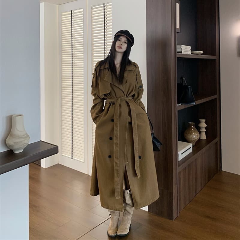 실사 정가 데님 재킷 재킷 자이언트 잘 생긴 프로필 모양 키 큰 남자 이중 버튼 롱 코트 품격 카키 코트 이미지 3