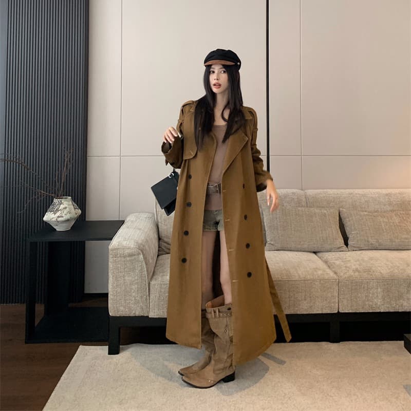 실사 정가 데님 재킷 재킷 자이언트 잘 생긴 프로필 모양 키 큰 남자 이중 버튼 롱 코트 품격 카키 코트 이미지 4