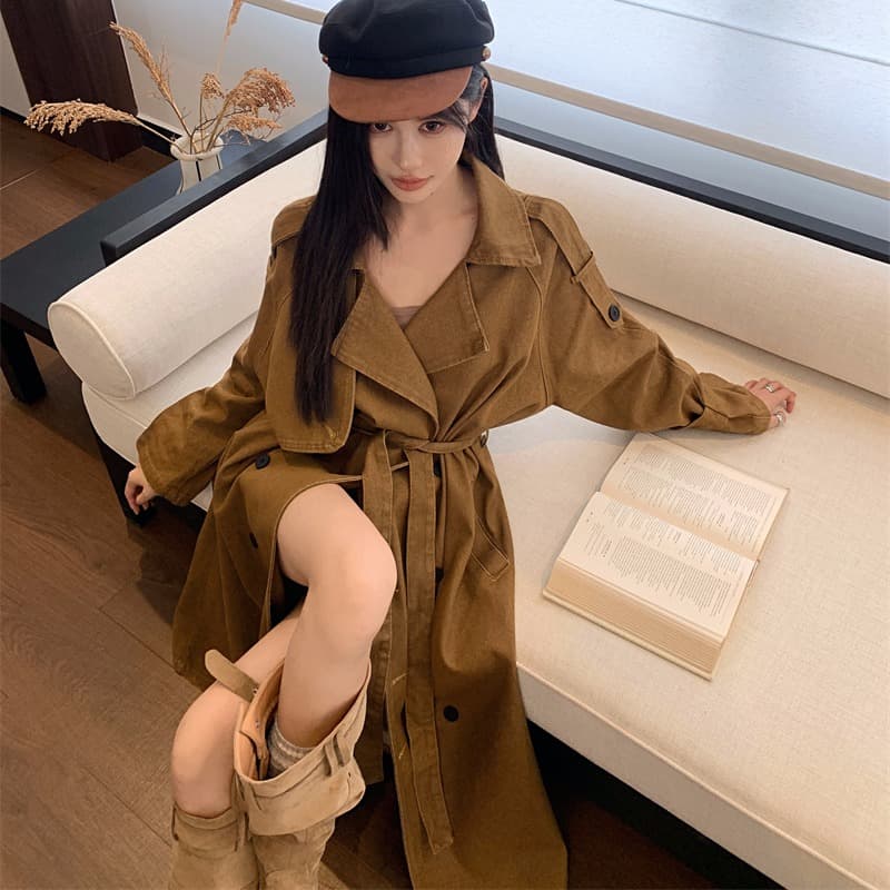 실사 정가 데님 재킷 재킷 자이언트 잘 생긴 프로필 모양 키 큰 남자 이중 버튼 롱 코트 품격 카키 코트 이미지 5