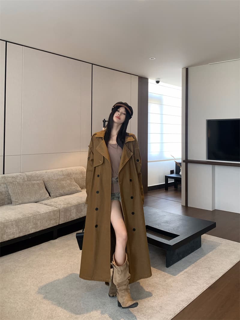 실사 정가 데님 재킷 재킷 자이언트 잘 생긴 프로필 모양 키 큰 남자 이중 버튼 롱 코트 품격 카키 코트 상세 이미지 4