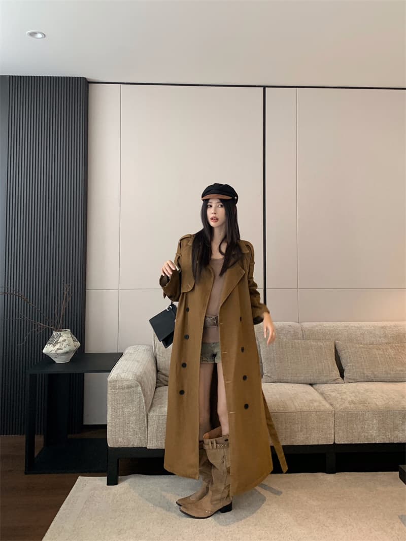 실사 정가 데님 재킷 재킷 자이언트 잘 생긴 프로필 모양 키 큰 남자 이중 버튼 롱 코트 품격 카키 코트 상세 이미지 5