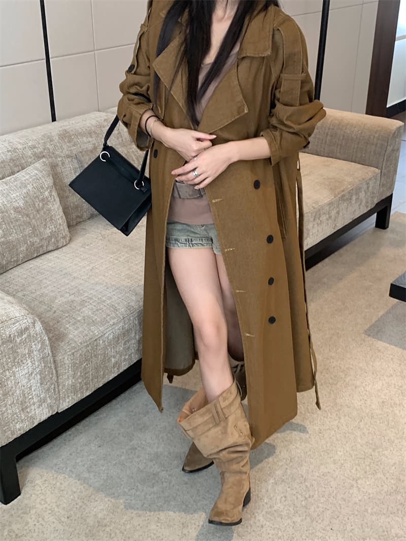 실사 정가 데님 재킷 재킷 자이언트 잘 생긴 프로필 모양 키 큰 남자 이중 버튼 롱 코트 품격 카키 코트 상세 이미지 6