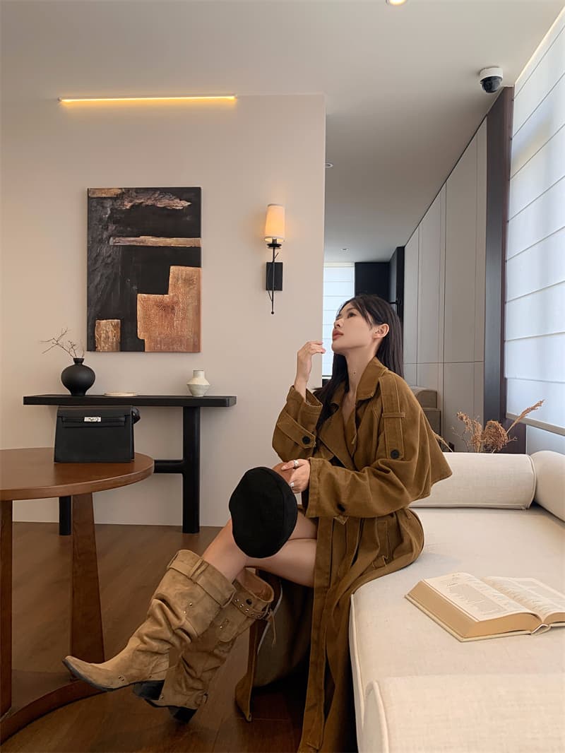 실사 정가 데님 재킷 재킷 자이언트 잘 생긴 프로필 모양 키 큰 남자 이중 버튼 롱 코트 품격 카키 코트 상세 이미지 8
