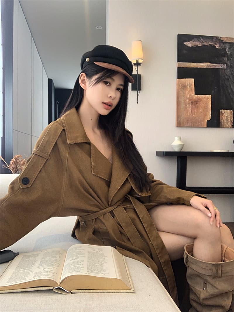 실사 정가 데님 재킷 재킷 자이언트 잘 생긴 프로필 모양 키 큰 남자 이중 버튼 롱 코트 품격 카키 코트 상세 이미지 11