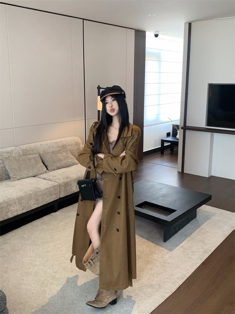 실사 정가 데님 재킷 재킷 자이언트 잘 생긴 프로필 모양 키 큰 남자 이중 버튼 롱 코트 품격 카키 코트 상세 이미지 16