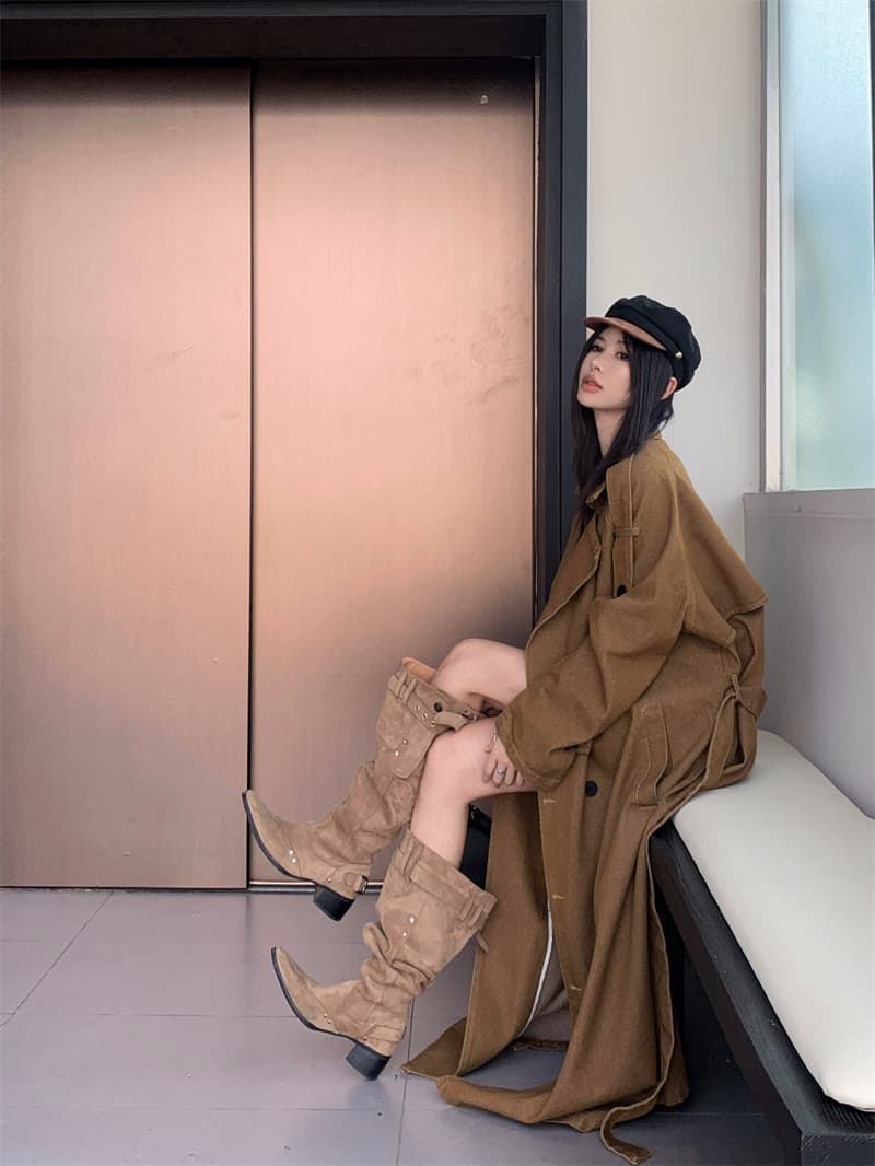 실사 정가 데님 재킷 재킷 자이언트 잘 생긴 프로필 모양 키 큰 남자 이중 버튼 롱 코트 품격 카키 코트 상세 이미지 17