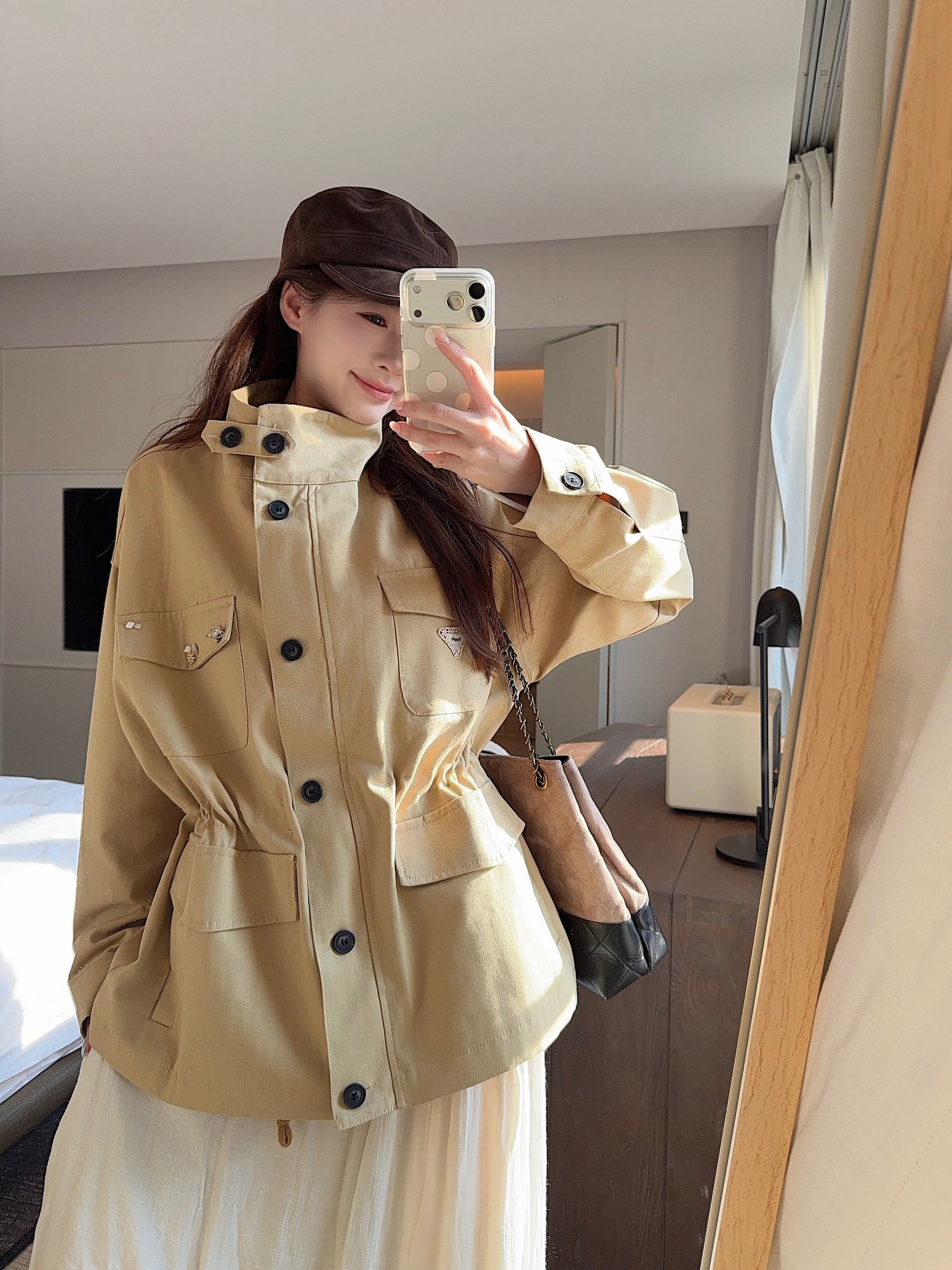 실사 정가 모델링 센스 워크웨어 가을 펌프 로프 바람막이 빅 포켓 마이크로 스탠드 칼라 루즈핏 프로필 모양 재킷 상세 이미지 2