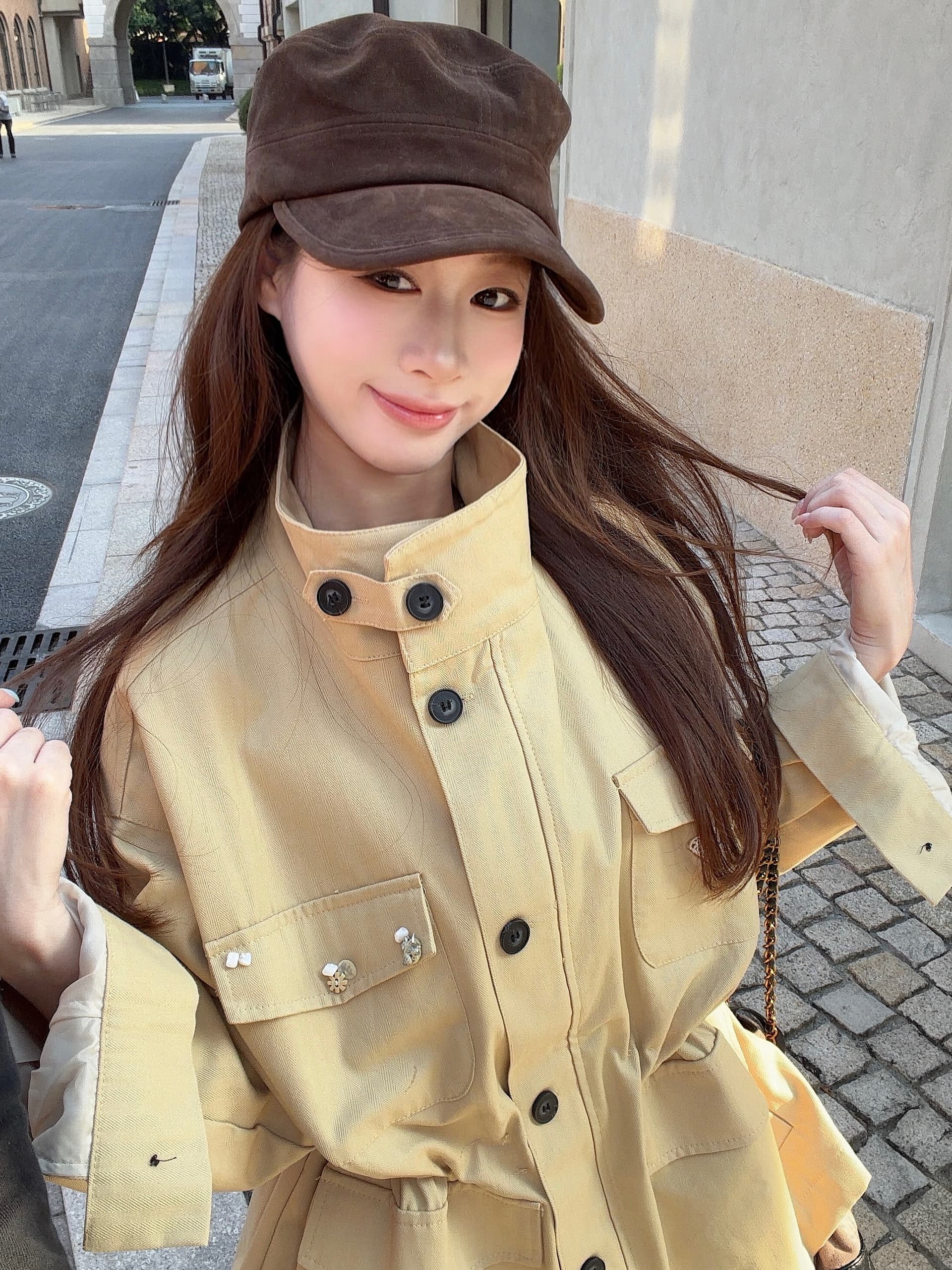 실사 정가 모델링 센스 워크웨어 가을 펌프 로프 바람막이 빅 포켓 마이크로 스탠드 칼라 루즈핏 프로필 모양 재킷 상세 이미지 8