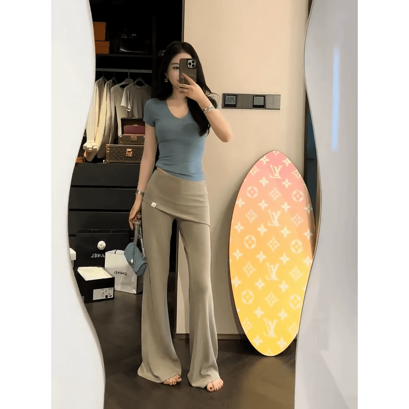자오 이슬 생각하기 같은 단락 바닥 청소 바지 몸매 가꾸기 부츠컷 바지 여성 봄 여름 페이크 레이어드 캐주얼 랩스커트팬츠 루즈핏 스트레이트 긴 바지 이미지 5