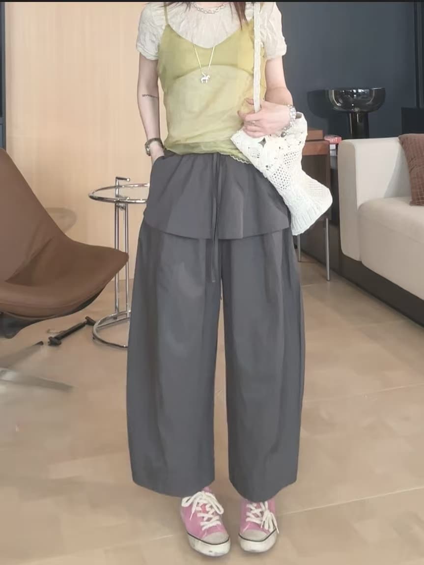 한국 스타일 페이크 레이어드 랩스커트팬츠 바지 밴딩 레이스업 캐주얼 바지 얇고 가벼운 편안함 디자인 센스 표지 고기 슬림해 보이는 와이드 레그 팬츠 이미지 3