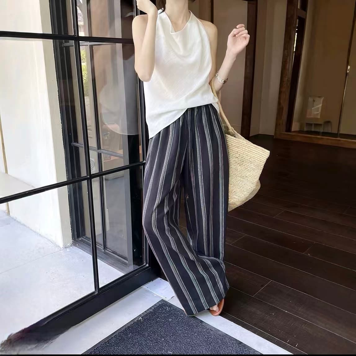 한 부서 질감 세로 줄무늬 와이드 레그 팬츠 밴딩 펌프 로프 통기성 면 린넨 슬림해 보이는 큰 진자 캐주얼 긴 바지 바닥 청소 바지 상세 이미지 2