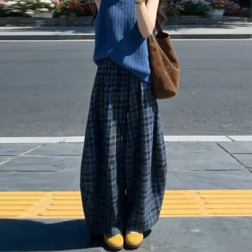 일본식 해군 체크무늬 와이드 레그 팬츠 대 핏 스타일 표지 고기 슬림해 보이는 캐주얼 바지 다용도 느긋한 바람 체크무늬 긴 바지 상세 이미지 5