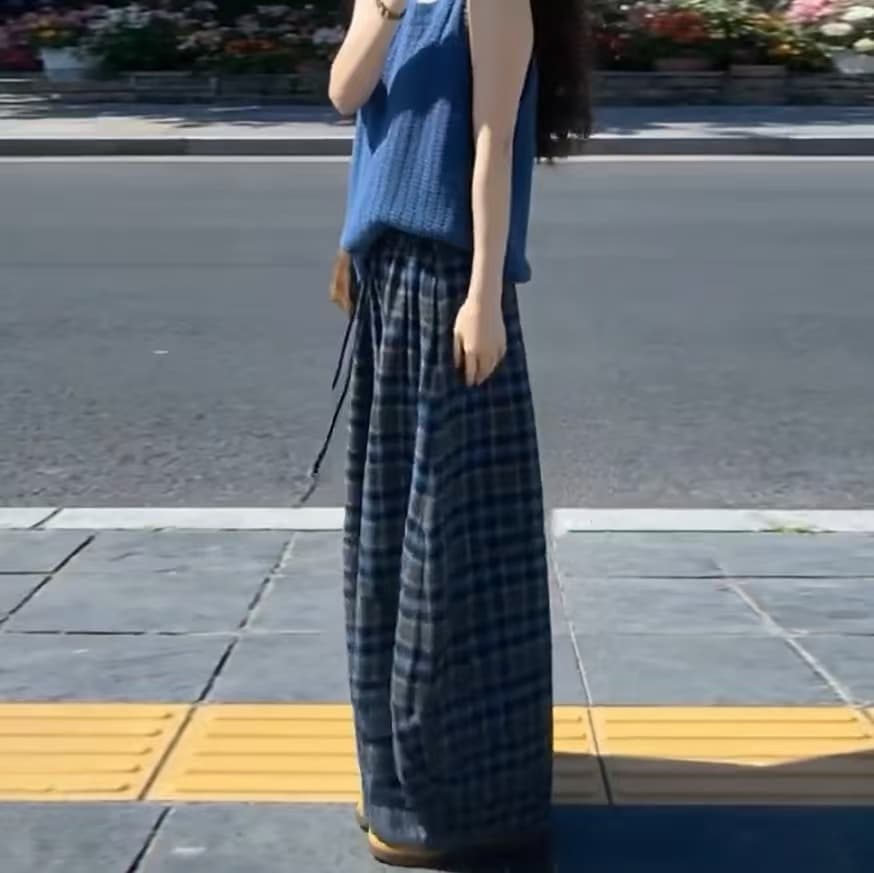 일본식 해군 체크무늬 와이드 레그 팬츠 대 핏 스타일 표지 고기 슬림해 보이는 캐주얼 바지 다용도 느긋한 바람 체크무늬 긴 바지 상세 이미지 6