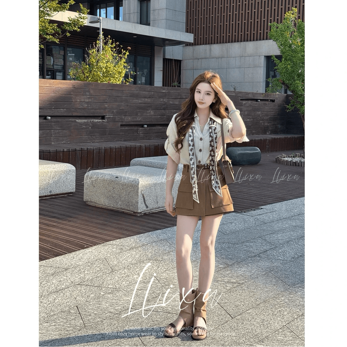 여름 새로운 디자인 센스 폴로 칼라 셔츠 코디 하이웨이스트 워크웨어 반바지 세트 이미지 6