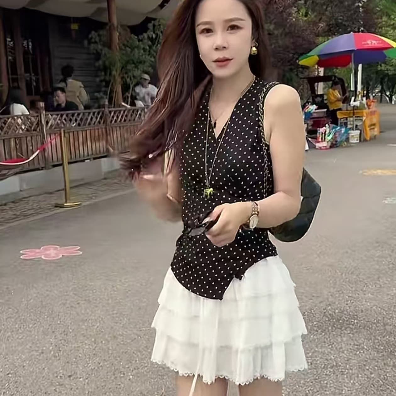 여름 새로운 빛 요리 한 우아함 폭풍 고대 검정색 도트 무늬 v 수신 캐미솔 반신 치마 세트 이미지 6