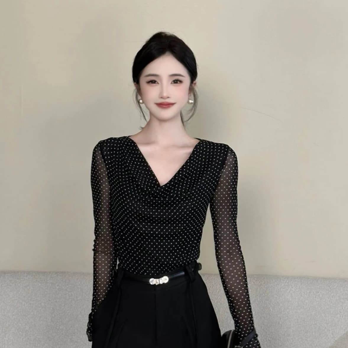 항구 바람 녹턴 새로운 도트 무늬 망사 긴팔 티셔츠 작은 셔츠 여성 다용도 슬림해 보이는 맨위 바지 세트 상세 이미지 1