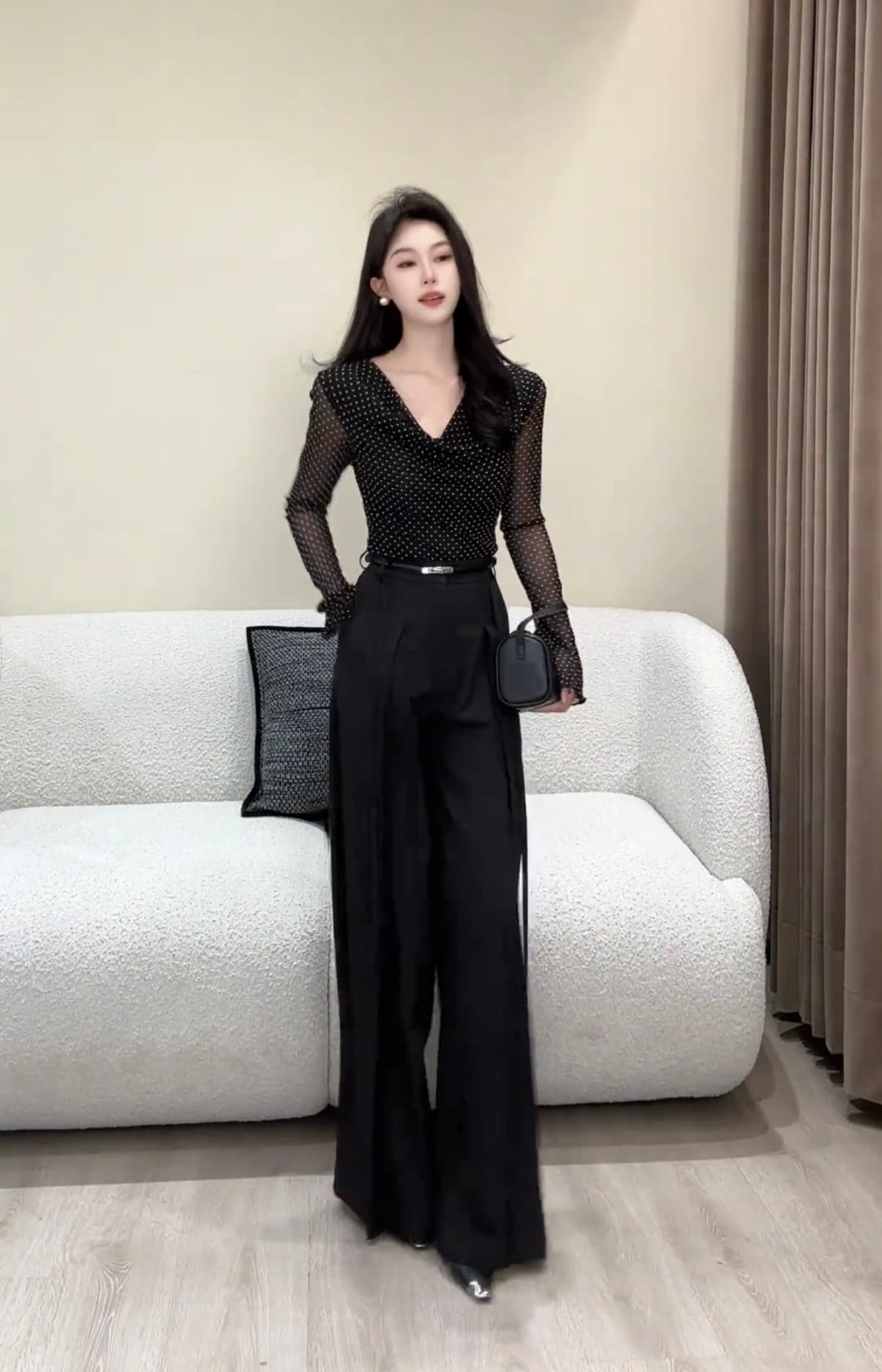 항구 바람 녹턴 가을 새로운 도트 무늬 망사 긴팔 티셔츠 작은 셔츠 여성 다용도 슬림해 보이는 맨위 바지 상세 이미지 4