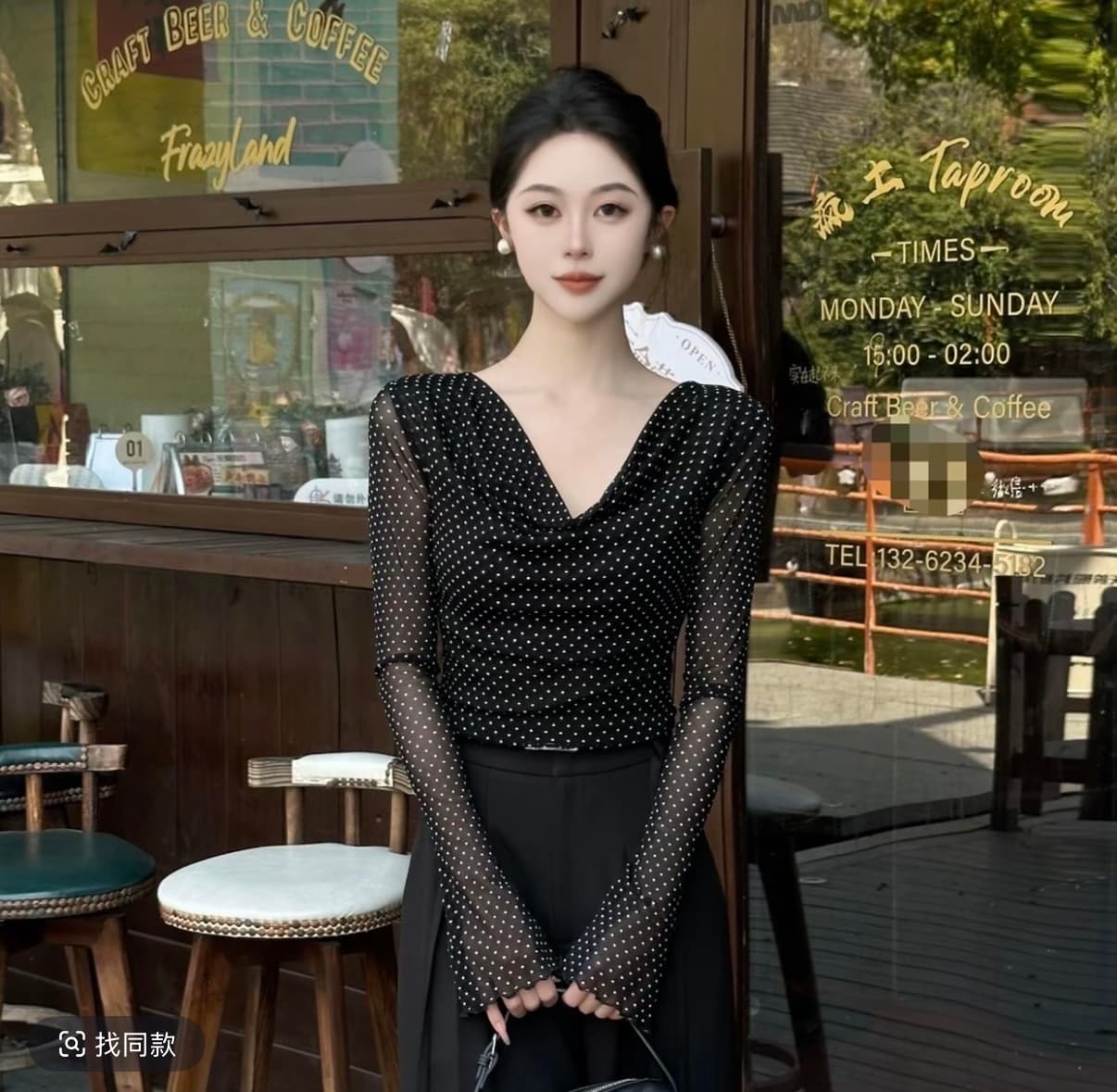항구 바람 녹턴 가을 새로운 도트 무늬 망사 긴팔 티셔츠 작은 셔츠 여성 다용도 슬림해 보이는 맨위 바지 이미지 3