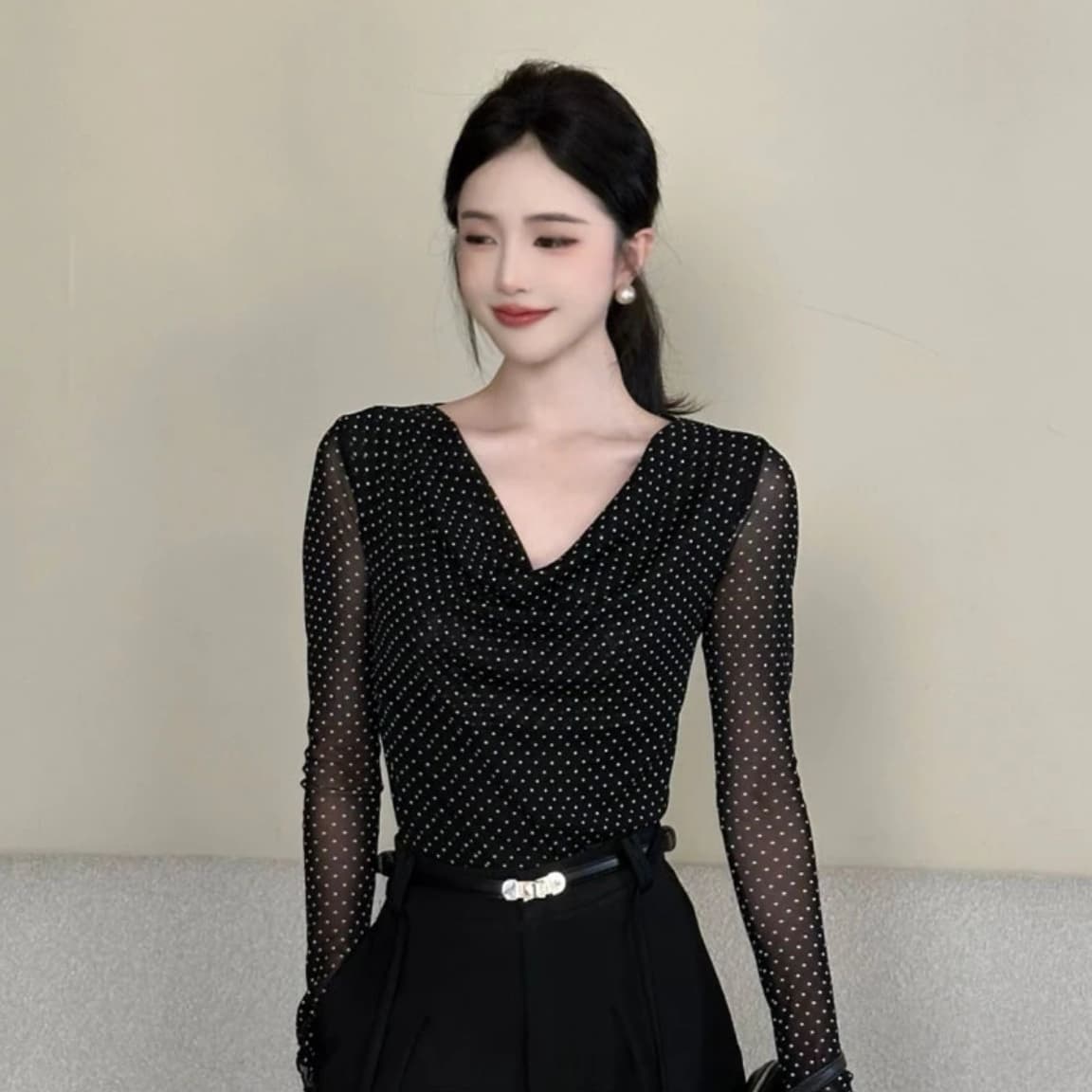 항구 바람 녹턴 새로운 도트 무늬 망사 긴팔 티셔츠 작은 셔츠 여성 다용도 슬림해 보이는 맨위 바지 세트 이미지 4