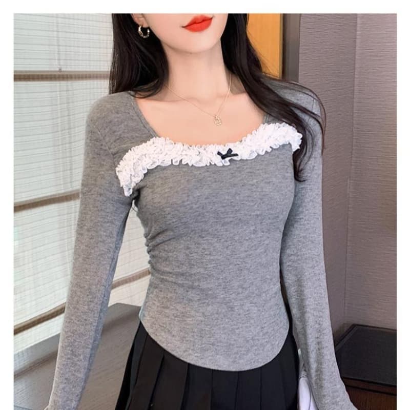 레이스 레이스 프랑스식 발레 바람 만나는 작은 셔츠 티셔츠 여성 u 칼라 나비 매듭 긴팔 인사이드 가져 가라. 봄 맨위 이미지 5