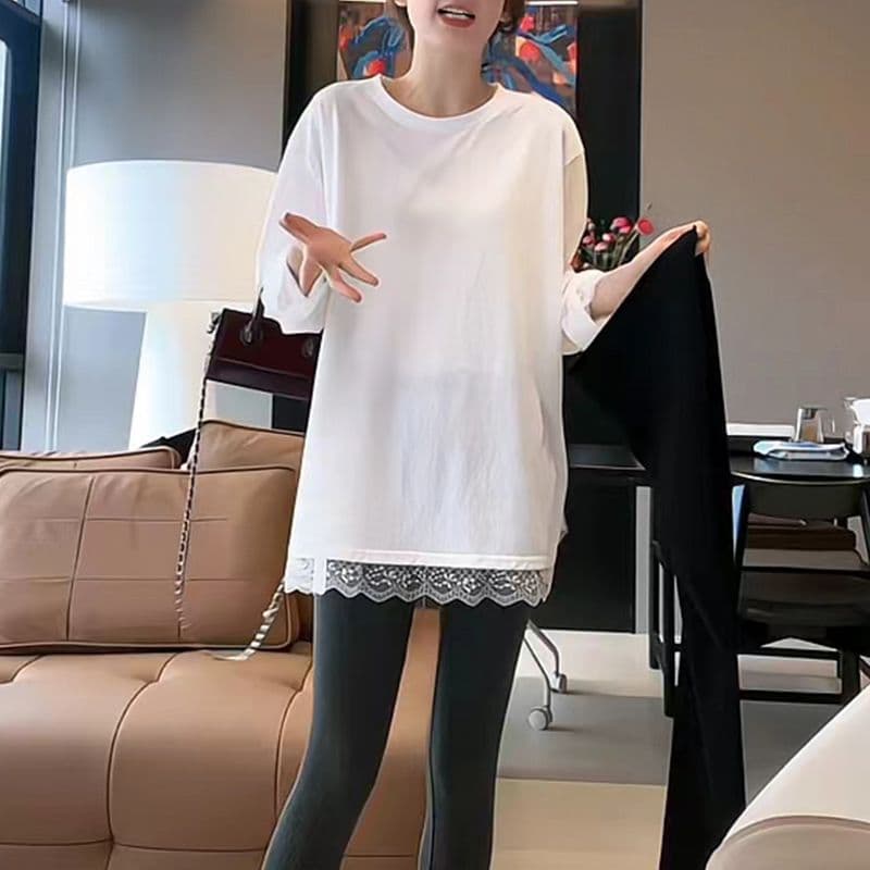 화이트 레이스 레이스 밑단 긴팔 티셔츠 여성 가을 겨울 루즈핏 De 플러시 기본 셔츠 인사이드 가져 가라. 중간 길이 맨위 서비스 상세 이미지 5