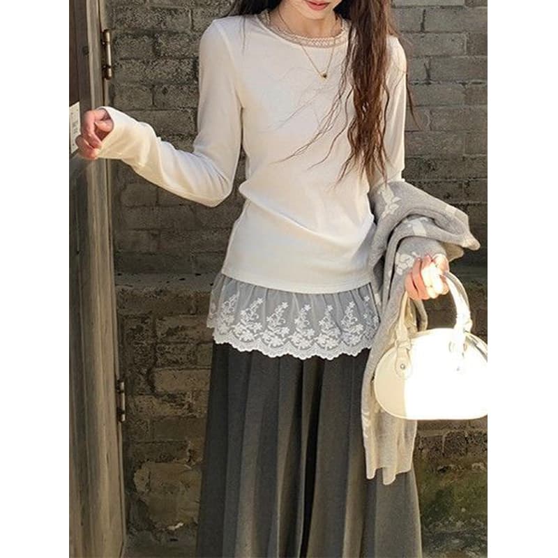 화이트 인사이드 가져 가라. 레이스 레이스 기본 셔츠 여성 가을 겨울 De 플러시 연삭 털 보온 몸매 가꾸기 긴팔 티셔츠 순수한 욕망 맨위 상세 이미지 3