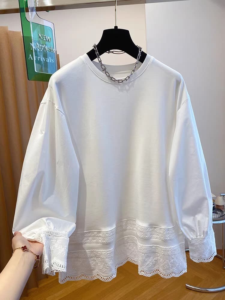 빈 가스 층 화이트 레이스 레이스 패치워크 밑단 긴팔 티셔츠 여성 가을 한국 스타일 루즈핏 기본 셔츠 맨위 이미지 3
