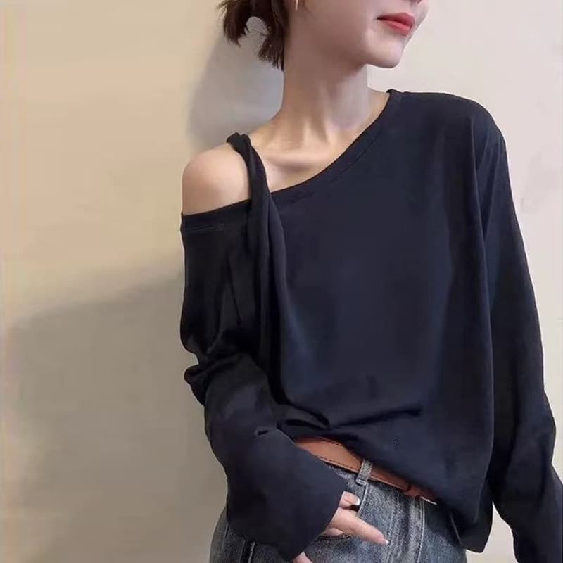 눈꽃 면 비스듬한 어깨 오프숄더 긴팔 티셔츠 여성 이른 가을 한국 스타일 루즈핏 슬림해 보이는 인사이드 가져 가라. 기본 셔츠 디자인 센스 맨위 이미지 2