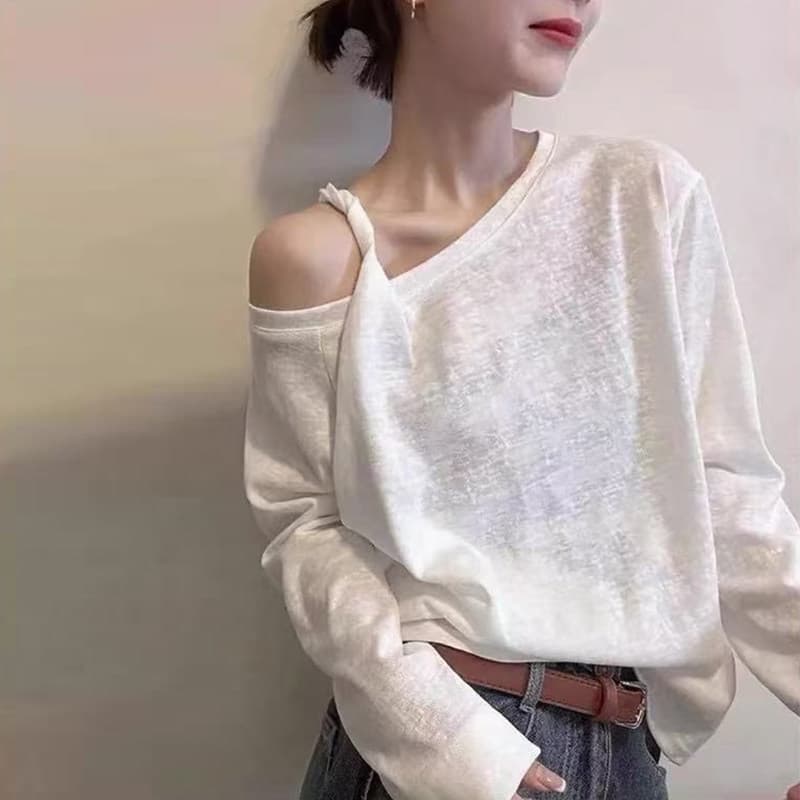 눈꽃 면 비스듬한 어깨 오프숄더 긴팔 티셔츠 여성 이른 가을 한국 스타일 루즈핏 슬림해 보이는 인사이드 가져 가라. 기본 셔츠 디자인 센스 맨위 상세 이미지 3