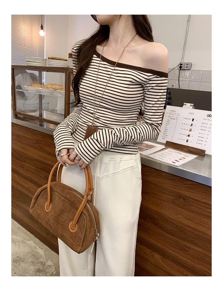 스트라이프 배색 비스듬한 칼라 오프숄더 긴팔 티셔츠 여성 봄 가을 새로운 몸매 가꾸기 기본 셔츠 인사이드 가져 가라. 쇼트 스타일 맨위 상세 이미지 11