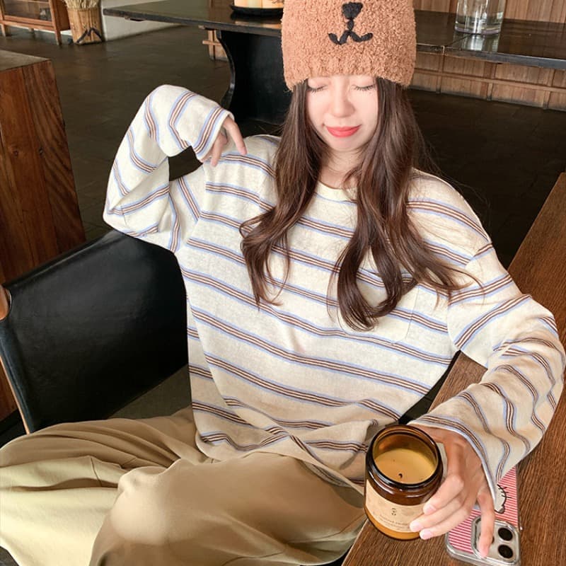 주머니 디자인 센스 작은 대중 배색 스트라이프 긴팔 티셔츠 여성 봄 가을 루즈핏 한국 스타일 기본 셔츠 켜기 이미지 5