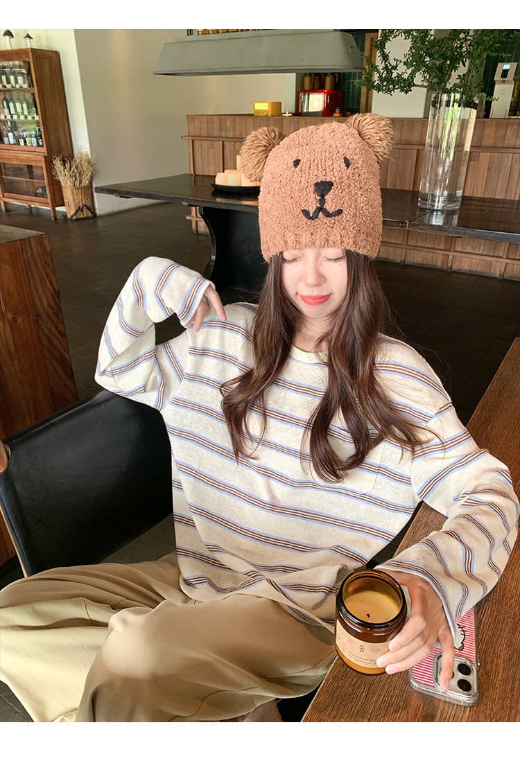 주머니 디자인 센스 작은 대중 배색 스트라이프 긴팔 티셔츠 여성 봄 가을 루즈핏 한국 스타일 기본 셔츠 켜기 상세 이미지 2