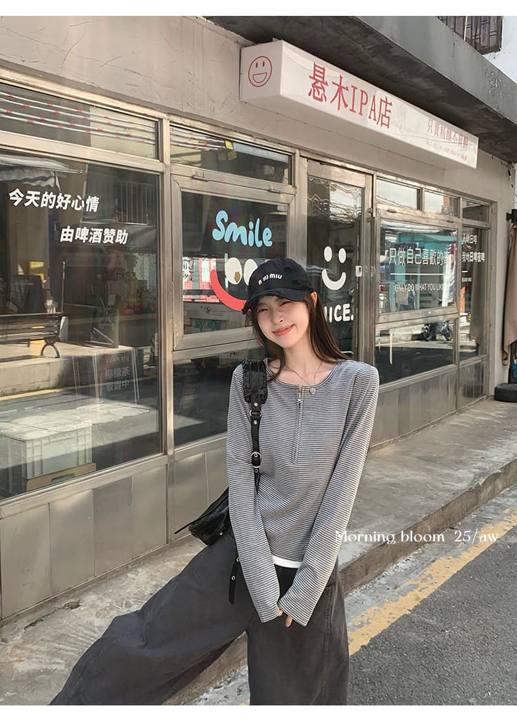 경관 그림 디자인 센스 페이크 레이어드 스트라이프 지퍼 긴팔 티셔츠 여성 이른 가을 새로운 몸매 가꾸기 인사이드 가져 가라. 만나는 맨위 상세 이미지 8
