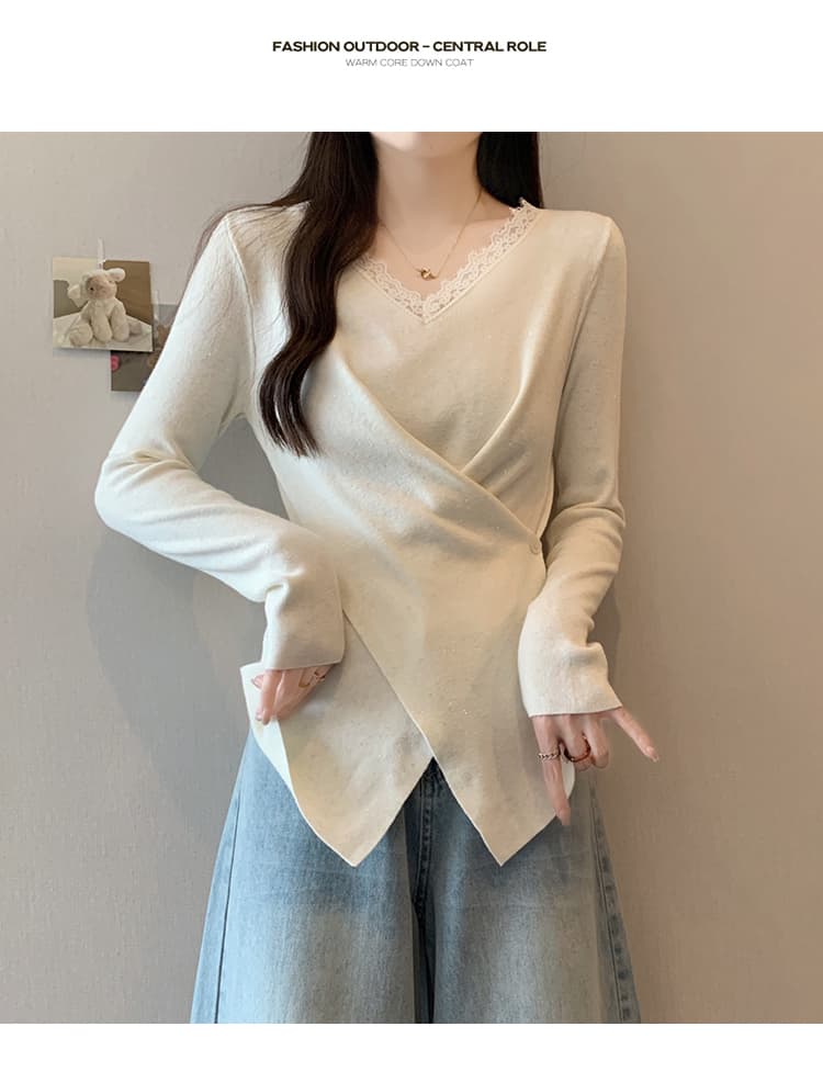 실사 빅 사이즈 여성 의류 봄 드레스 새로운 지방 mm 품격 다용도 불규칙 레이스 조각 몸매 가꾸기 슬림해 보이는 니트 스웨터 상세 이미지 11