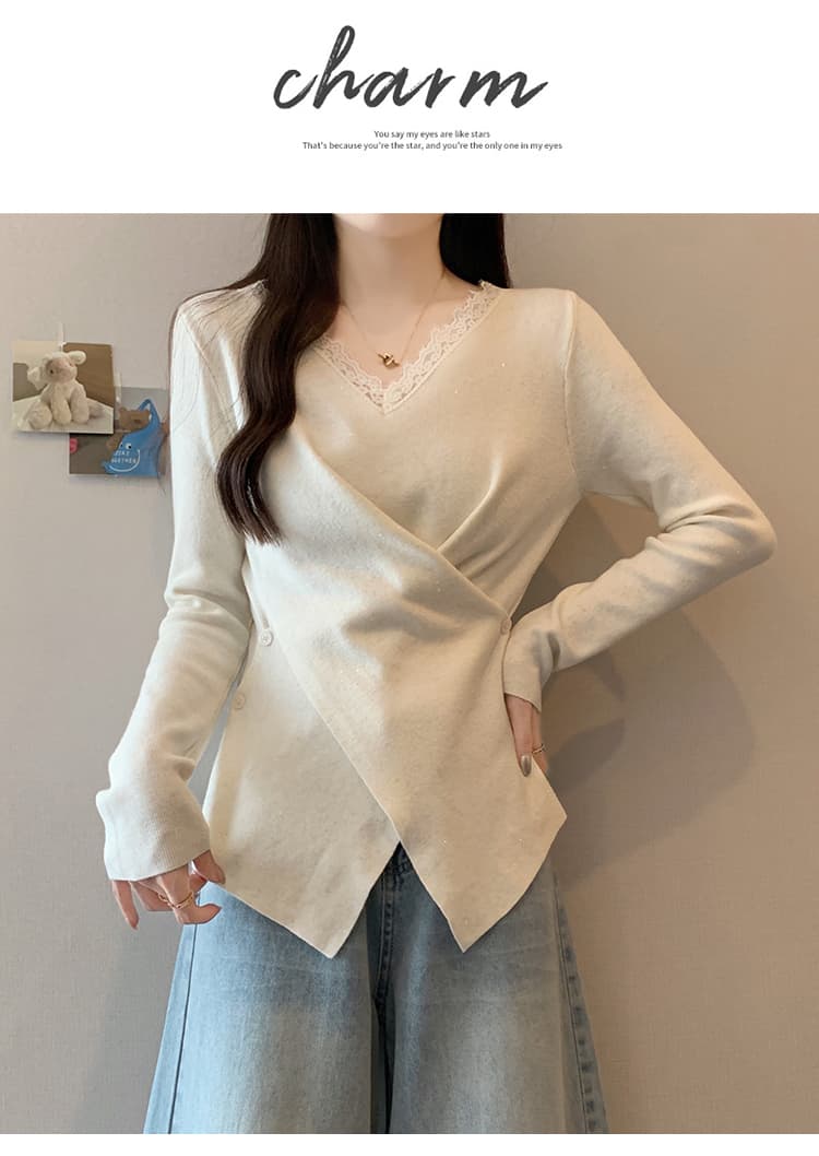 실사 빅 사이즈 여성 의류 봄 드레스 새로운 지방 mm 품격 다용도 불규칙 레이스 조각 몸매 가꾸기 슬림해 보이는 니트 스웨터 상세 이미지 14