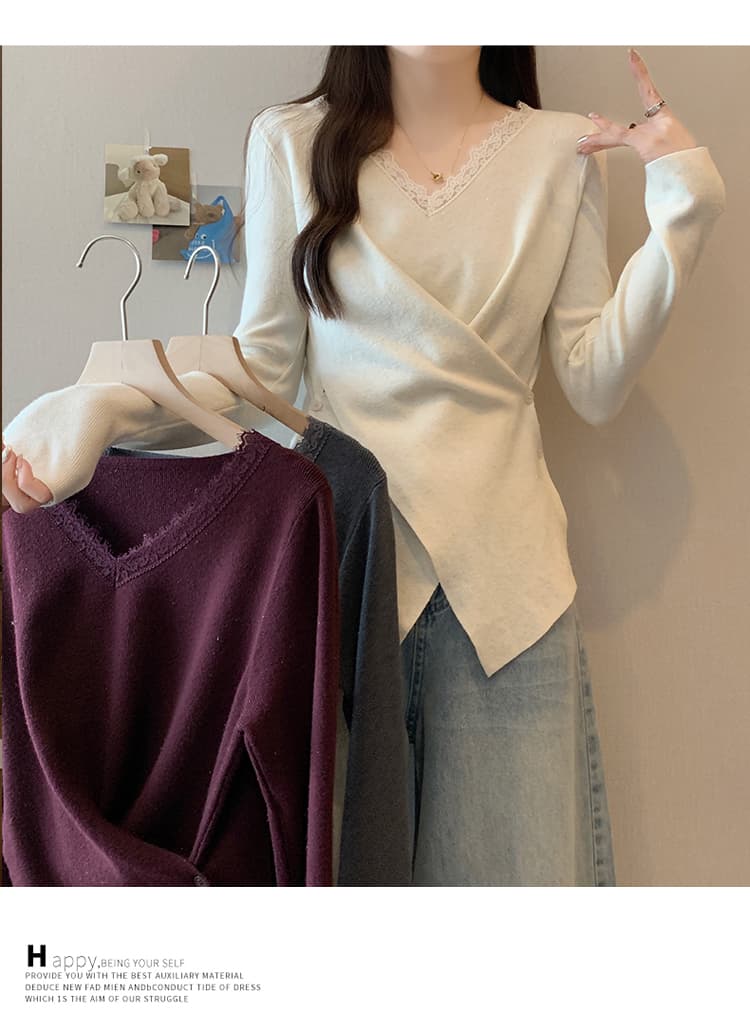 실사 빅 사이즈 여성 의류 봄 드레스 새로운 지방 mm 품격 다용도 불규칙 레이스 조각 몸매 가꾸기 슬림해 보이는 니트 스웨터 상세 이미지 17