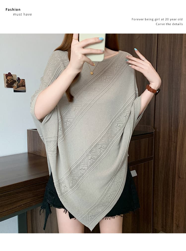 실사 빅 사이즈 여성 의류 여름 드레스 새로운 지방 mm 품격 불규칙 오프숄더 자수 홀로우 아웃 얼음 실크 니트 스웨터 상세 이미지 32