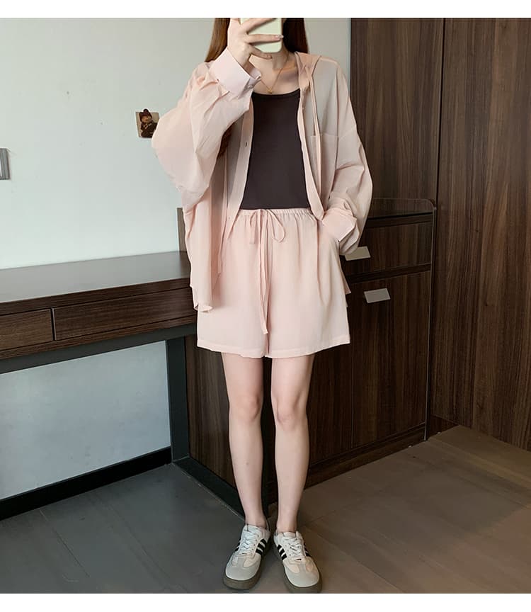 실사 빅 사이즈 여성 의류 여름 섹션 지방 mm 한 부서 캐주얼 루즈핏 슬림해 보이는 자외선 차단 후드 셔츠 반바지 투피스 슈트 상세 이미지 18