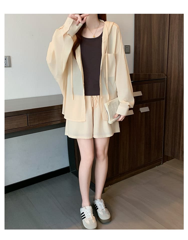 실사 빅 사이즈 여성 의류 여름 섹션 지방 mm 한 부서 캐주얼 루즈핏 슬림해 보이는 자외선 차단 후드 셔츠 반바지 투피스 슈트 상세 이미지 23