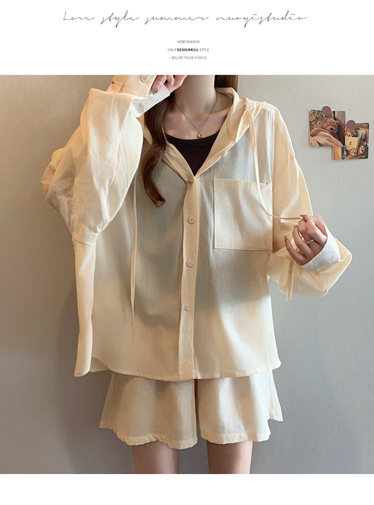 실사 빅 사이즈 여성 의류 여름 섹션 지방 mm 한 부서 캐주얼 루즈핏 슬림해 보이는 자외선 차단 후드 셔츠 반바지 투피스 슈트 상세 이미지 26