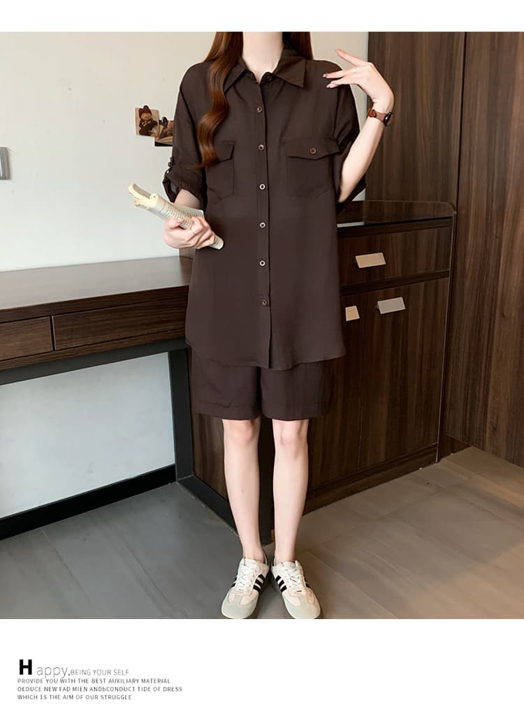 실사 빅 사이즈 여성 의류 여름 섹션 지방 mm 품격 오래된 돈 바람 아마 루즈핏 슬림해 보이는 셔츠 반바지 투피스 슈트 상세 이미지 17